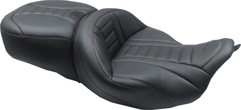 MUSTANG One-Piece Deluxe Touring Seat - Black W/American Beauty Red Stitching - Harley-Davidson FL 2008+ 79006AB - PartsOutlet.com.au