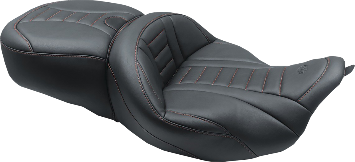 MUSTANG One-Piece Deluxe Touring Seat - Black W/American Beauty Red Stitching - Harley-Davidson FL 2008+  79006AB