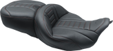 MUSTANG One-Piece Deluxe Touring Seat - Black W/American Beauty Red Stitching - Harley-Davidson FL 2008+ 79006AB - PartsOutlet.com.au