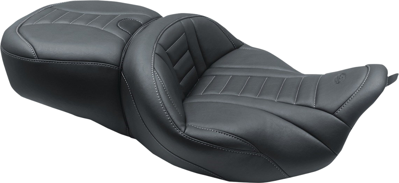 MUSTANG One-Piece Deluxe Touring Seat - Black W/Gun Metal Stitching - Harley-Davidson FL 2008+ 79006GM - PartsOutlet.com.au