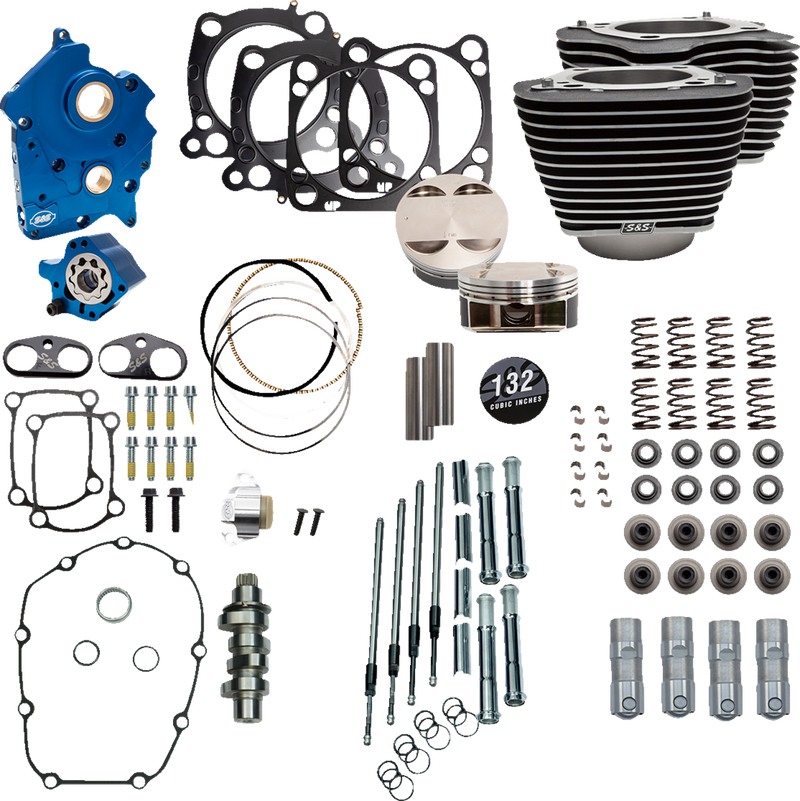S&S CYCLE 132" Power Pack with Chrome Pushrod Tubes and Cam Chain Tensioners, Chain Drive Cam, Black Finish with Highlight Fins, For Water Cooled '17-'23 M8 Models - 310-1229
