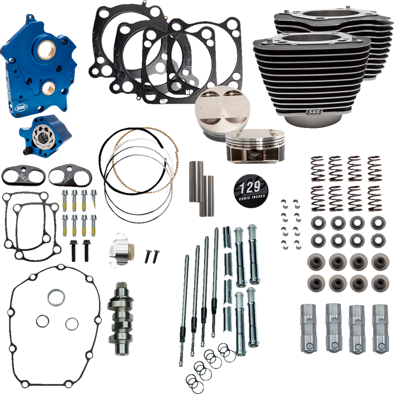 S&S CYCLE 129" Power Pack with Chrome Pushrod Tubes and Cam Chain Tensioners, Chain Drive Cam, Black Finish with Highlight Fins, For Oil Cooled '17-'23 M8 Models - 310-1223