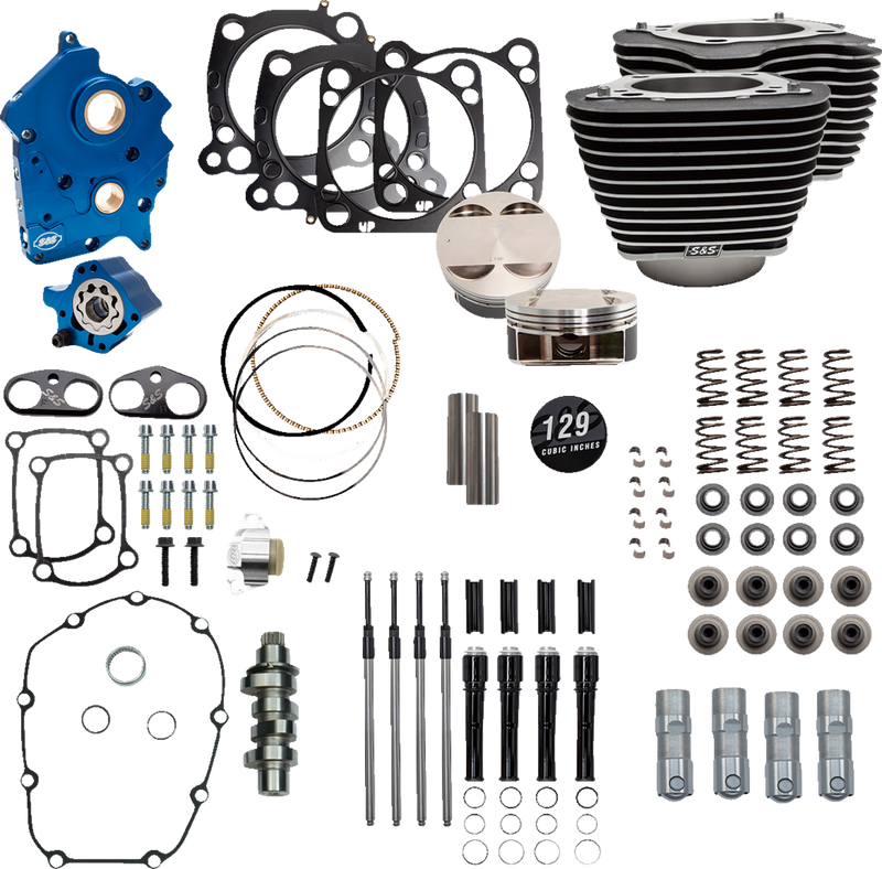 S&S CYCLE 129" Power Pack with Black Pushrod Tubes and Cam Chain Tensioners, Chain Drive Cam, Black Finish with Highlight Fins, For Oil Cooled '17-'23 M8 Models - 310-1225