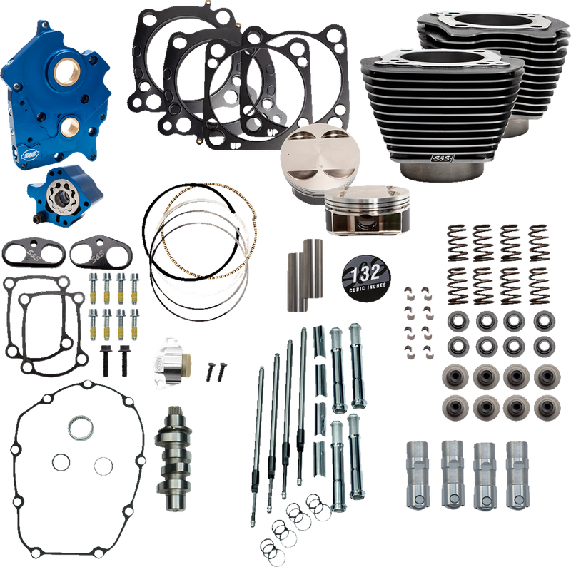 S&S CYCLE 132" Power Pack with Chrome Pushrod Tubes and Cam Chain Tensioners, Chain Drive Cam, Black Granite Finish with Highlight Fins, For Oil Cooled '17-'23 M8 Models - 310-1237