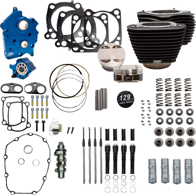 S&S CYCLE 129" Power Pack with Black Pushrod Tubes and Cam Chain Tensioners, Chain Drive Cam, Black Finish without Highlight Fins, For Oil Cooled '17-'23 M8 Models - 310-1226