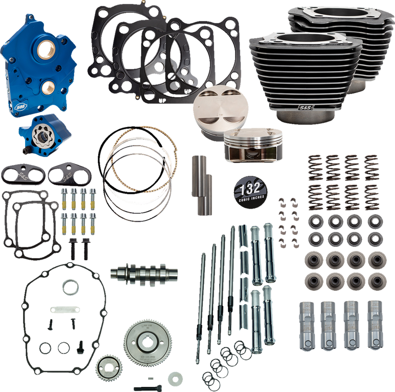 S&S CYCLE 132" Power Pack with Chrome Pushrod Tubes and Gear Drive Cam, Black Granite Finish with Highlight Fins, For Water Cooled '17-'23 M8 Models - 310-1236