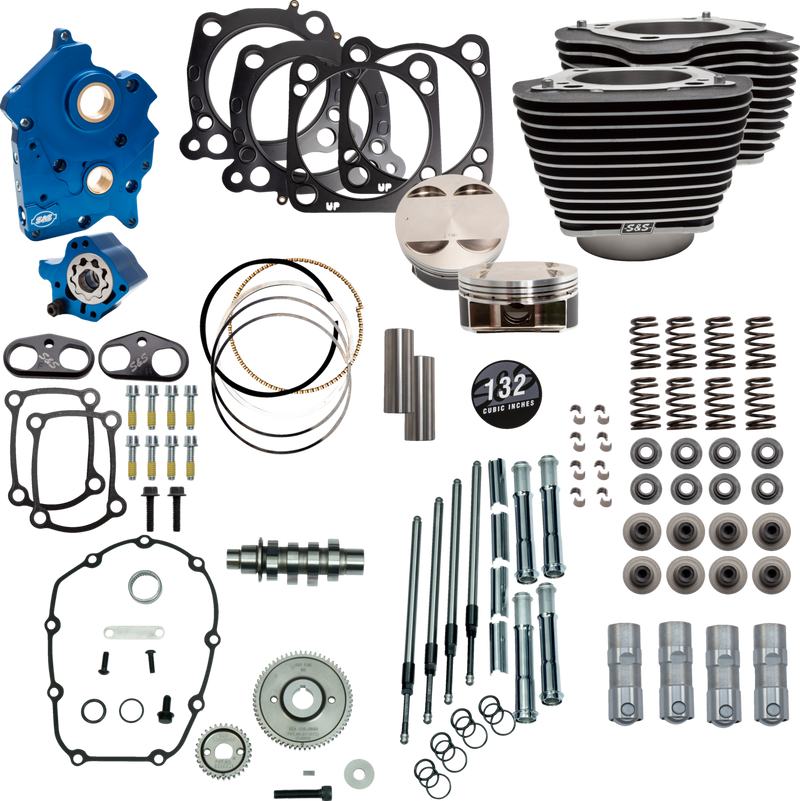 S&S CYCLE 132" Power Pack with Chrome Pushrod Tubes and Gear Drive Cam, Black Finish with Highlight Fins, For Oil Cooled '17-'23 M8 Models - 310-1232