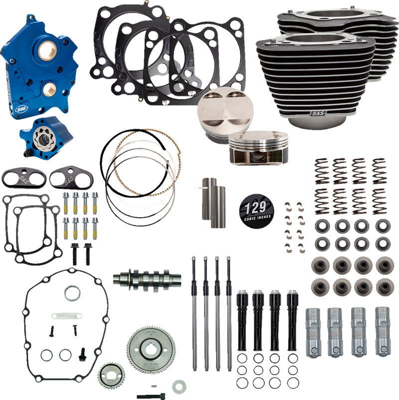 S&S CYCLE 129" Power Pack with Black Pushrod Tubes and Gear Drive Cam, Black Finish with Highlight Fins, For Oil Cooled '17-'23 M8 Models - 310-1227