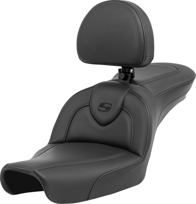 SADDLEMEN Roadsofa Seat - with Backrest - Black/Black Stitching - FXD '96-'03 - 896-04-187BR - PartsOutlet.com.au