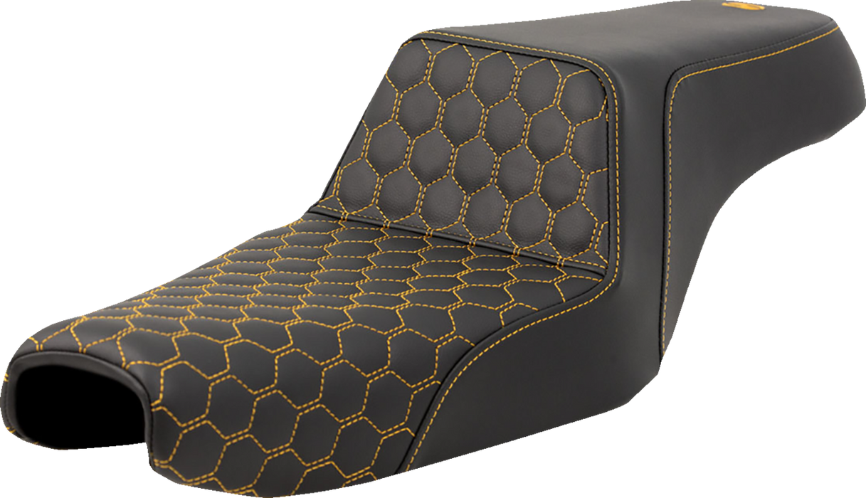 SADDLEMEN Step-Up Seat - Honeycomb - Gold Stitching - Sportster '04-'21 - A807-11-177GOL - PartsOutlet.com.au