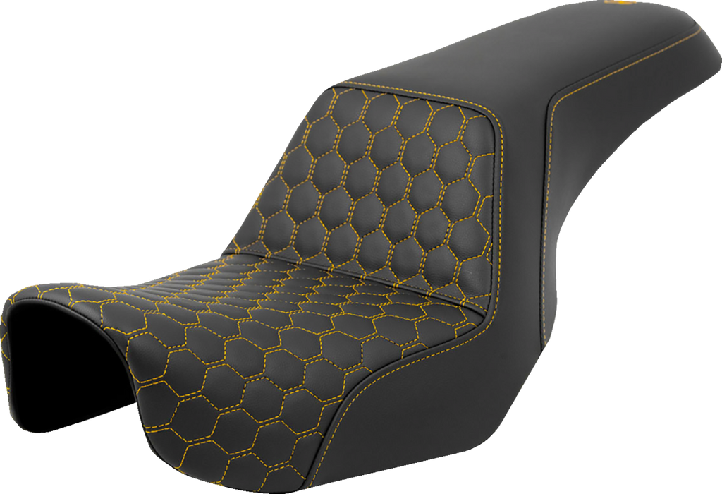 SADDLEMEN Step-Up Seat - Honeycomb - Gold Stitching - Dyna '06-'17 - A806-04-177GOL - PartsOutlet.com.au