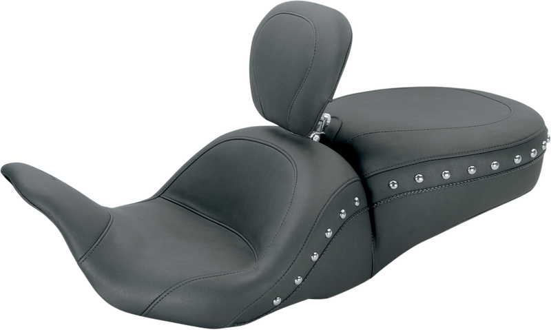 MUSTANG Lowdown Seat with Driver Backrest - Harley-Davidson FL 2008+ Chrome Studded 79704 - PartsOutlet.com.au