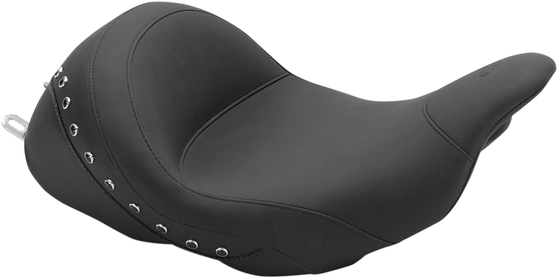 MUSTANG Lowdown Seat with Driver Backrest - Harley-Davidson FL 2008+ Black Studded 76082 - PartsOutlet.com.au