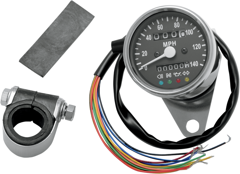 DRAG SPECIALTIES MPH Mini Mechanical Speedometer with LED Indicators - Black Face - 2:1 Ratio - 2.4" - 21-6838LEDPB
