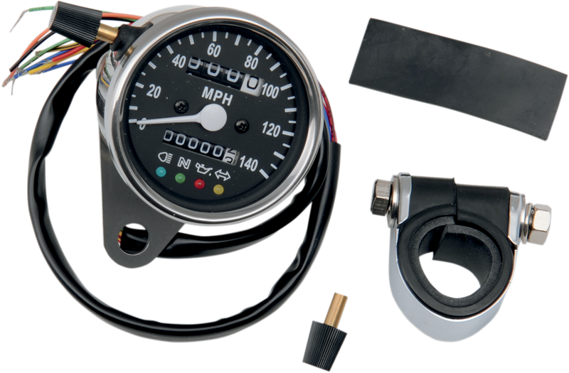 DRAG SPECIALTIES MPH Mini Mechanical Speedometer with LED Indicators - Black Face - 2240:60 Ratio - 2.4" - 21-6840LEDPB