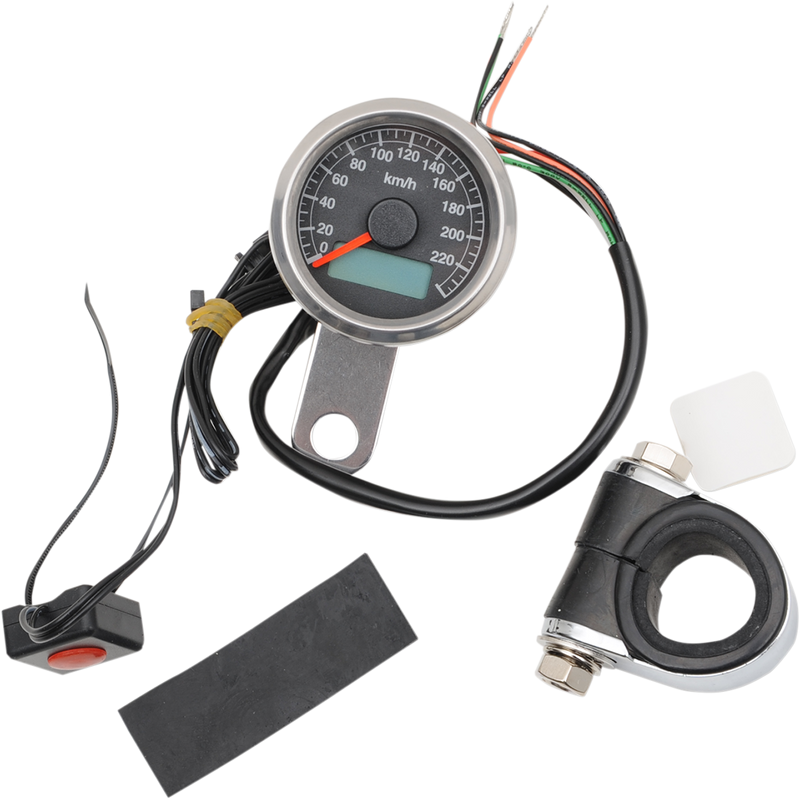 DRAG SPECIALTIES 1.87" KM/H Programmable Mini Electronic Speedometer with Odometer/Tripmeter - Harley-Davidson '86-'03 - Polished - Black Face - 21-6899ADS