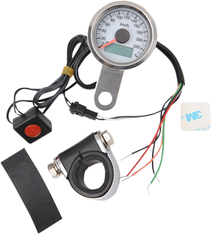 DRAG SPECIALTIES 1.87" KM/H Programmable Mini Electronic Speedometer with Odometer/Tripmeter - Harley-Davidson '86-'03 - Polished - White Face - 21-6899AWDS