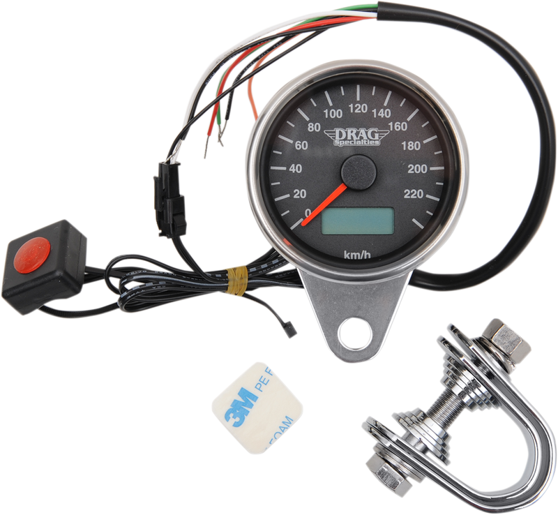 DRAG SPECIALTIES 2.4" KMH Programmable Mini Electronic Speedometer with Odometer/Tripmeter - Matte Black - Harley-Davidson '86-'03 - Black Face - 21-6895ADS