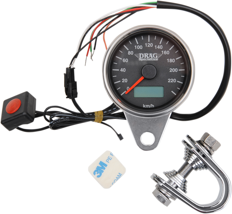 DRAG SPECIALTIES 2.4" KMH Programmable Mini Electronic Speedometer with Odometer/Tripmeter - Matte Black - Harley-Davidson 1986-2003 - Black Face 21-6895ADS