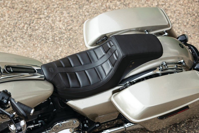 MUSTANG Squareback One-Piece Seat - Tuck and Roll - Black W/Black Stitching - Harley-Davidson FL 2008+ 75239 - PartsOutlet.com.au
