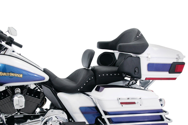 MUSTANG Lowdown Seat with Driver Backrest - Harley-Davidson FL 2008+ Chrome Studded 79704 - PartsOutlet.com.au