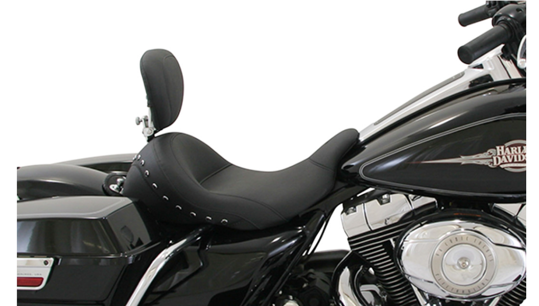 MUSTANG Lowdown Vintage Seat with Driver Backrest - Harley-Davidson FL 2009+ Black Studded 79912 - PartsOutlet.com.au